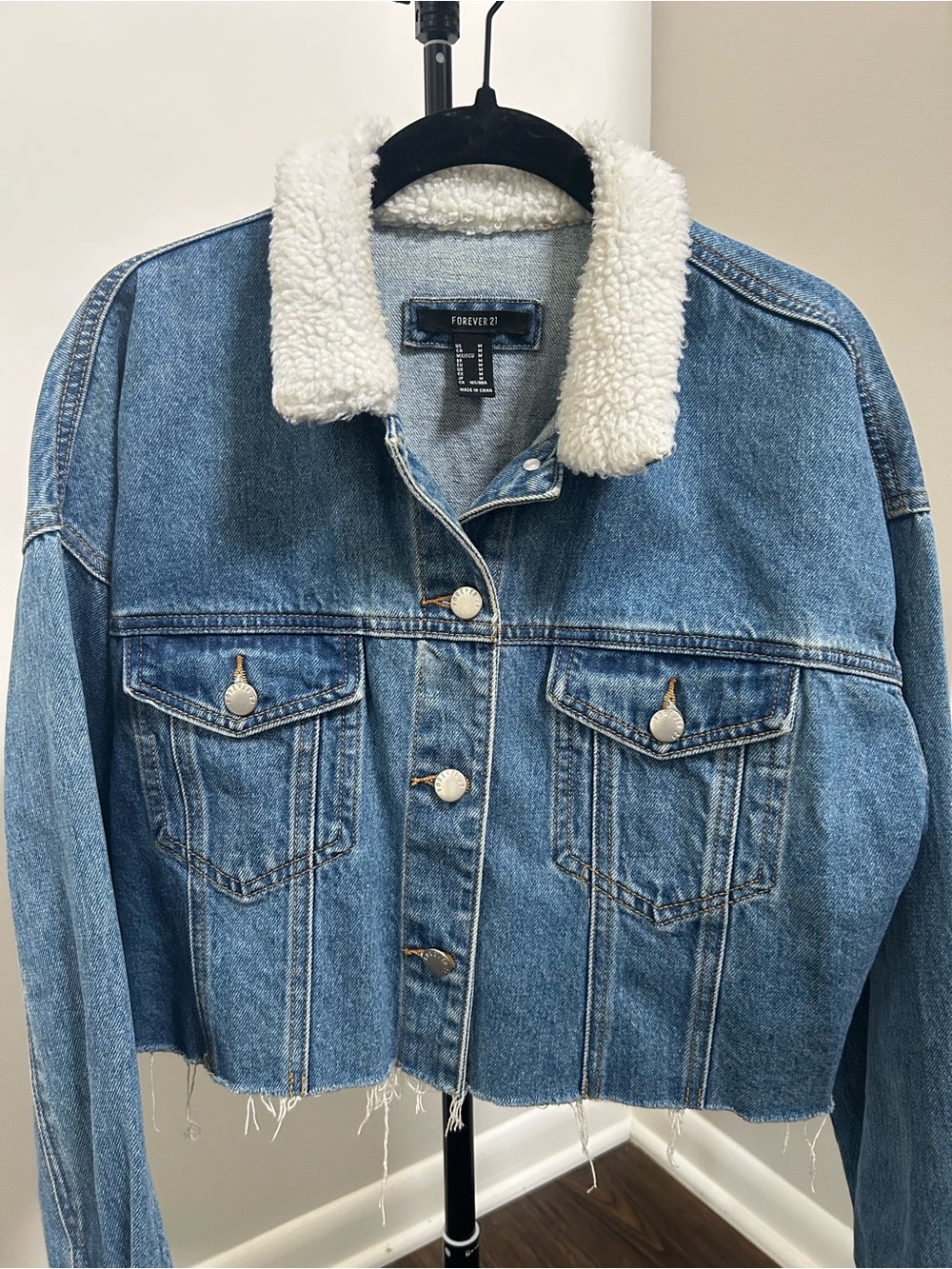 Forever 21 Light Blue Denim Jacket with White Sherpa Collar